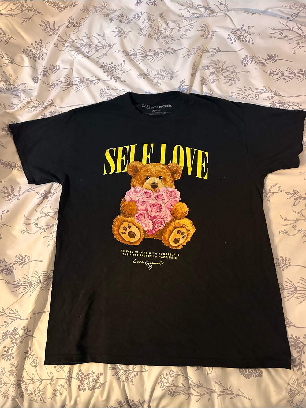 Fashion Nova Self Love Teddy Bear Graphic Tee Black Size Medium 🧸🌹